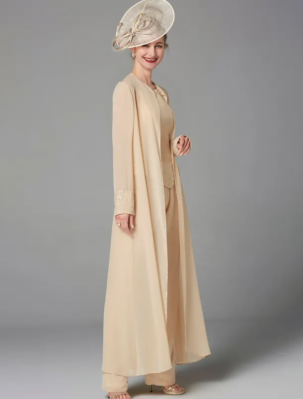 Beach Wedding Jumpsuit / Pantsuit 3 Piece Mother of the Bride Formal Wedding Guest Elegant Plus Size Wrap Included Bateau Neck Floor Length Chiffon Long Sleeve Wrap Included with Beading
