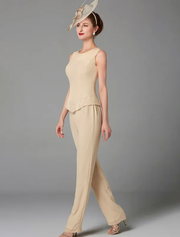 Beach Wedding Jumpsuit / Pantsuit 3 Piece Mother of the Bride Formal Wedding Guest Elegant Plus Size Wrap Included Bateau Neck Floor Length Chiffon Long Sleeve Wrap Included with Beading
