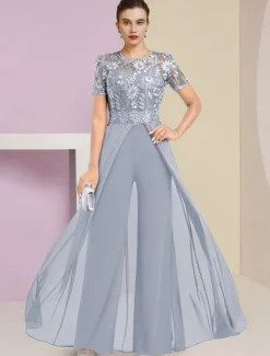 Beach Wedding Jumpsuit / Pantsuit Mother of the Bride Wedding Guest Elegant Jewel Neck Ankle Length Stretch Chiffon Short Sleeve with Lace Pleats free custom size