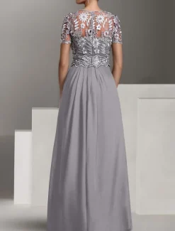 Beach Wedding Jumpsuit / Pantsuit Mother of the Bride Wedding Guest Elegant Jewel Neck Ankle Length Stretch Chiffon Short Sleeve with Lace Pleats free custom size