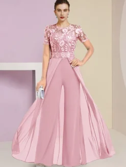 Beach Wedding Jumpsuit / Pantsuit Mother of the Bride Wedding Guest Elegant Jewel Neck Ankle Length Stretch Chiffon Short Sleeve with Lace Pleats free custom size