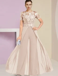 Beach Wedding Jumpsuit / Pantsuit Mother of the Bride Wedding Guest Elegant Jewel Neck Ankle Length Stretch Chiffon Short Sleeve with Lace Pleats free custom size