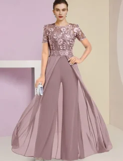 Beach Wedding Jumpsuit / Pantsuit Mother of the Bride Wedding Guest Elegant Jewel Neck Ankle Length Stretch Chiffon Short Sleeve with Lace Pleats free custom size