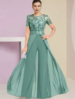 Beach Wedding Jumpsuit / Pantsuit Mother of the Bride Wedding Guest Elegant Jewel Neck Ankle Length Stretch Chiffon Short Sleeve with Lace Pleats free custom size