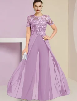 Beach Wedding Jumpsuit / Pantsuit Mother of the Bride Wedding Guest Elegant Jewel Neck Ankle Length Stretch Chiffon Short Sleeve with Lace Pleats free custom size