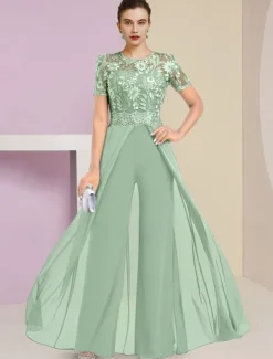 Beach Wedding Jumpsuit / Pantsuit Mother of the Bride Wedding Guest Elegant Jewel Neck Ankle Length Stretch Chiffon Short Sleeve with Lace Pleats free custom size