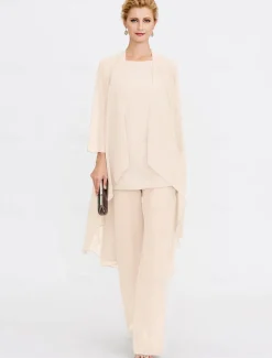 Beach Wedding Jumpsuit/Pantsuit 3 Piece Mother of the Bride Wedding Guest Elegant Plus Size Included Bateau Neck Floor Length Chiffon Sleeveless Jacket es with Solid Color