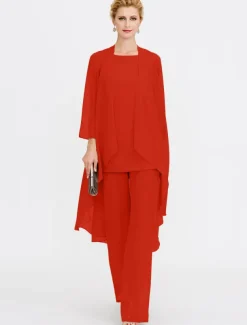 Beach Wedding Jumpsuit/Pantsuit 3 Piece Mother of the Bride Wedding Guest Elegant Plus Size Included Bateau Neck Floor Length Chiffon Sleeveless Jacket es with Solid Color
