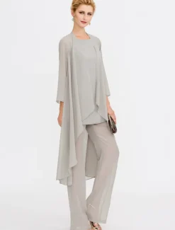 Beach Wedding Jumpsuit/Pantsuit 3 Piece Mother of the Bride Wedding Guest Elegant Plus Size Included Bateau Neck Floor Length Chiffon Sleeveless Jacket es with Solid Color