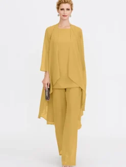 Beach Wedding Jumpsuit/Pantsuit 3 Piece Mother of the Bride Wedding Guest Elegant Plus Size Included Bateau Neck Floor Length Chiffon Sleeveless Jacket es with Solid Color