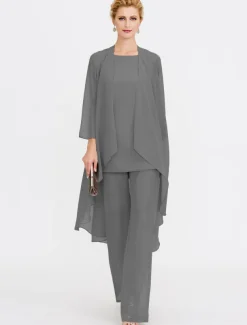 Beach Wedding Jumpsuit/Pantsuit 3 Piece Mother of the Bride Wedding Guest Elegant Plus Size Included Bateau Neck Floor Length Chiffon Sleeveless Jacket es with Solid Color
