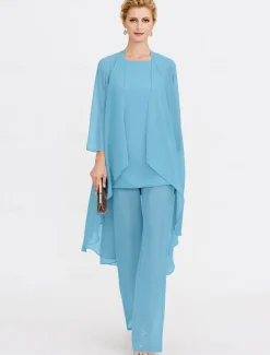Beach Wedding Jumpsuit/Pantsuit 3 Piece Mother of the Bride Wedding Guest Elegant Plus Size Included Bateau Neck Floor Length Chiffon Sleeveless Jacket es with Solid Color