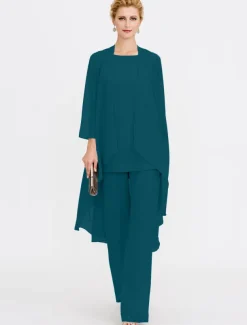 Beach Wedding Jumpsuit/Pantsuit 3 Piece Mother of the Bride Wedding Guest Elegant Plus Size Included Bateau Neck Floor Length Chiffon Sleeveless Jacket es with Solid Color