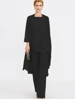 Beach Wedding Jumpsuit/Pantsuit 3 Piece Mother of the Bride Wedding Guest Elegant Plus Size Included Bateau Neck Floor Length Chiffon Sleeveless Jacket es with Solid Color