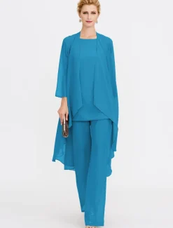 Beach Wedding Jumpsuit/Pantsuit 3 Piece Mother of the Bride Wedding Guest Elegant Plus Size Included Bateau Neck Floor Length Chiffon Sleeveless Jacket es with Solid Color