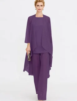 Beach Wedding Jumpsuit/Pantsuit 3 Piece Mother of the Bride Wedding Guest Elegant Plus Size Included Bateau Neck Floor Length Chiffon Sleeveless Jacket es with Solid Color