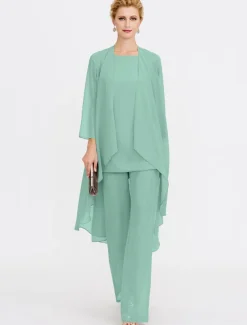 Beach Wedding Jumpsuit/Pantsuit 3 Piece Mother of the Bride Wedding Guest Elegant Plus Size Included Bateau Neck Floor Length Chiffon Sleeveless Jacket es with Solid Color