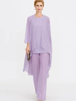 Beach Wedding Jumpsuit/Pantsuit 3 Piece Mother of the Bride Wedding Guest Elegant Plus Size Included Bateau Neck Floor Length Chiffon Sleeveless Jacket es with Solid Color