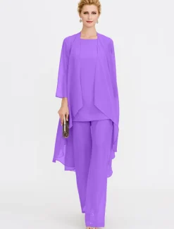 Beach Wedding Jumpsuit/Pantsuit 3 Piece Mother of the Bride Wedding Guest Elegant Plus Size Included Bateau Neck Floor Length Chiffon Sleeveless Jacket es with Solid Color