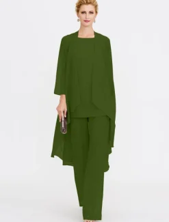 Beach Wedding Jumpsuit/Pantsuit 3 Piece Mother of the Bride Wedding Guest Elegant Plus Size Included Bateau Neck Floor Length Chiffon Sleeveless Jacket es with Solid Color