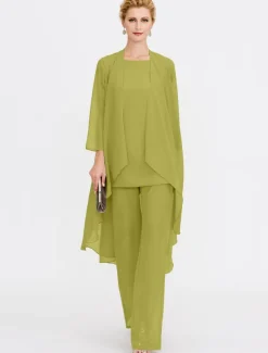 Beach Wedding Jumpsuit/Pantsuit 3 Piece Mother of the Bride Wedding Guest Elegant Plus Size Included Bateau Neck Floor Length Chiffon Sleeveless Jacket es with Solid Color