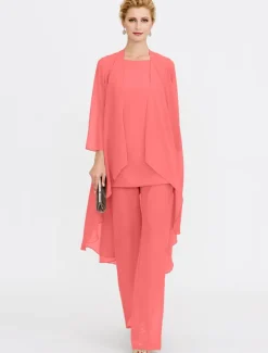 Beach Wedding Jumpsuit/Pantsuit 3 Piece Mother of the Bride Wedding Guest Elegant Plus Size Included Bateau Neck Floor Length Chiffon Sleeveless Jacket es with Solid Color