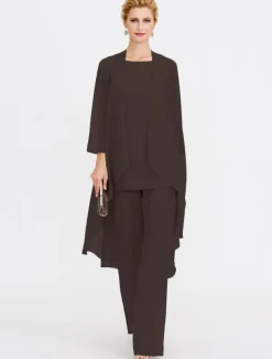 Beach Wedding Jumpsuit/Pantsuit 3 Piece Mother of the Bride Wedding Guest Elegant Plus Size Included Bateau Neck Floor Length Chiffon Sleeveless Jacket es with Solid Color