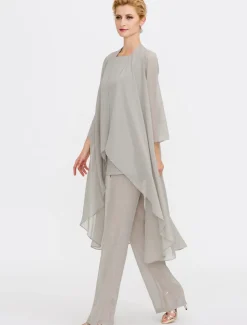 Beach Wedding Jumpsuit/Pantsuit 3 Piece Mother of the Bride Wedding Guest Elegant Plus Size Included Bateau Neck Floor Length Chiffon Sleeveless Jacket es with Solid Color