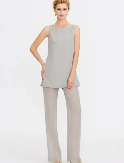Beach Wedding Jumpsuit/Pantsuit 3 Piece Mother of the Bride Wedding Guest Elegant Plus Size Included Bateau Neck Floor Length Chiffon Sleeveless Jacket es with Solid Color