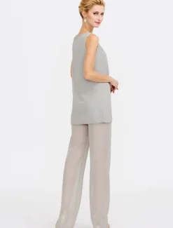 Beach Wedding Jumpsuit/Pantsuit 3 Piece Mother of the Bride Wedding Guest Elegant Plus Size Included Bateau Neck Floor Length Chiffon Sleeveless Jacket es with Solid Color