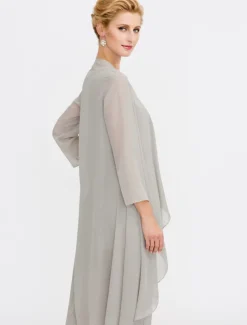 Beach Wedding Jumpsuit/Pantsuit 3 Piece Mother of the Bride Wedding Guest Elegant Plus Size Included Bateau Neck Floor Length Chiffon Sleeveless Jacket es with Solid Color