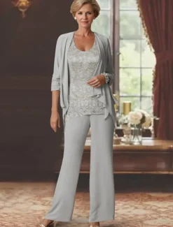 Beach Wedding Jumpsuits Mother of the Bride Wedding Guest Elegant Scoop Neck Ankle Length Chiffon Long Sleeve with Lace free custom size