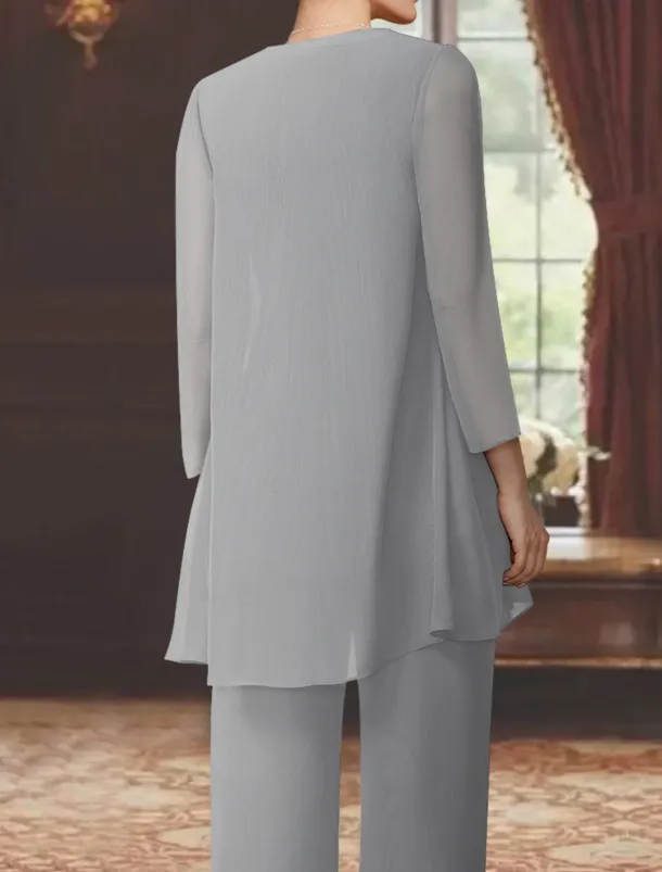 Beach Wedding Jumpsuits Mother of the Bride Wedding Guest Elegant Scoop Neck Ankle Length Chiffon Long Sleeve with Lace free custom size