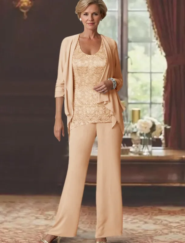 Beach Wedding Jumpsuits Mother of the Bride Wedding Guest Elegant Scoop Neck Ankle Length Chiffon Long Sleeve with Lace free custom size