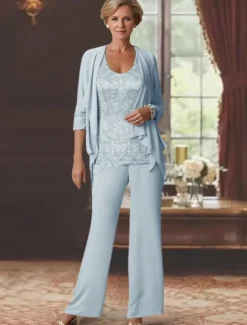 Beach Wedding Jumpsuits Mother of the Bride Wedding Guest Elegant Scoop Neck Ankle Length Chiffon Long Sleeve with Lace free custom size