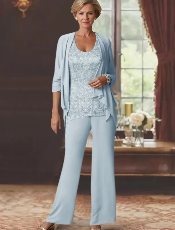 Beach Wedding Jumpsuits Mother of the Bride Wedding Guest Elegant Scoop Neck Ankle Length Chiffon Long Sleeve with Lace free custom size