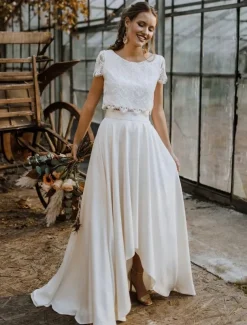 Beach Wedding Little White Dresses Wedding Dresses Two Piece Boat Neck Cap Sleeve Asymmetrical Lace Bridal Suits Bridal Gowns With Solid Color