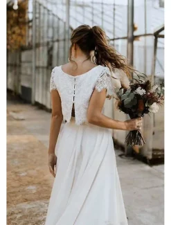 Beach Wedding Little White Dresses Wedding Dresses Two Piece Boat Neck Cap Sleeve Asymmetrical Lace Bridal Suits Bridal Gowns With Solid Color