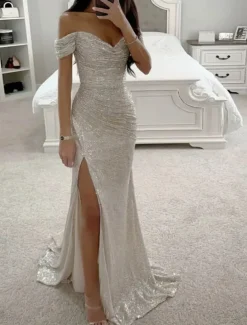 Beach Wedding Mermaid Prom Dresses Sequin Dress Formal Evening Party Sweep / Brush Train Sleeveless Cowl Neck with Ruched Slit Masquerade Dress