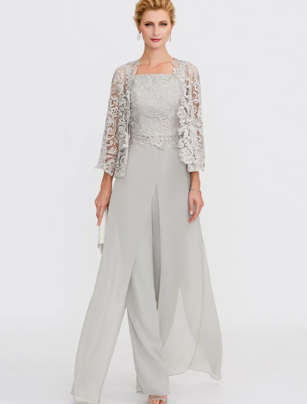 Beach Wedding Pantsuit 3 Piece Mother of the Bride Wedding Guest Elegant Plus Size Square Neck Floor Length Chiffon Corded Lace Sleeveless Wrap Included with Lace Appliques