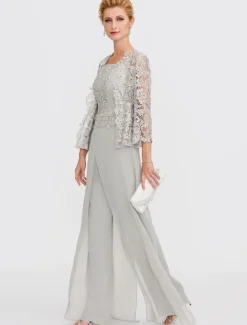 Beach Wedding Pantsuit 3 Piece Mother of the Bride Wedding Guest Elegant Plus Size Square Neck Floor Length Chiffon Corded Lace Sleeveless Wrap Included with Lace Appliques