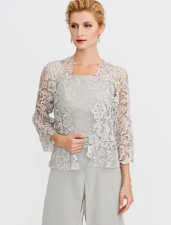 Beach Wedding Pantsuit 3 Piece Mother of the Bride Wedding Guest Elegant Plus Size Square Neck Floor Length Chiffon Corded Lace Sleeveless Wrap Included with Lace Appliques