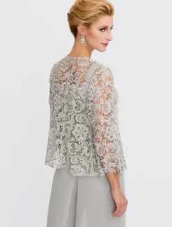 Beach Wedding Pantsuit 3 Piece Mother of the Bride Wedding Guest Elegant Plus Size Square Neck Floor Length Chiffon Corded Lace Sleeveless Wrap Included with Lace Appliques