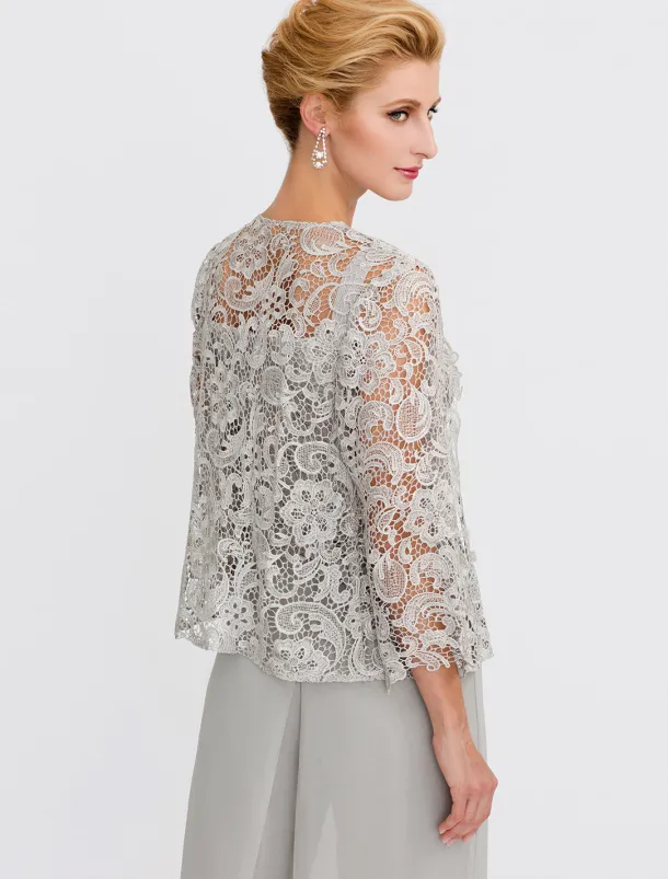 Beach Wedding Pantsuit 3 Piece Mother of the Bride Wedding Guest Elegant Plus Size Square Neck Floor Length Chiffon Corded Lace Sleeveless Wrap Included with Lace Appliques