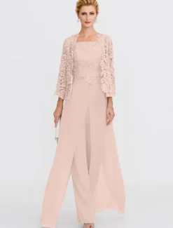 Beach Wedding Pantsuit 3 Piece Mother of the Bride Wedding Guest Elegant Plus Size Square Neck Floor Length Chiffon Corded Lace Sleeveless Wrap Included with Lace Appliques