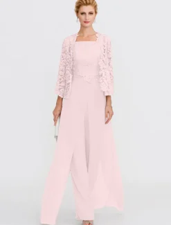 Beach Wedding Pantsuit 3 Piece Mother of the Bride Wedding Guest Elegant Plus Size Square Neck Floor Length Chiffon Corded Lace Sleeveless Wrap Included with Lace Appliques
