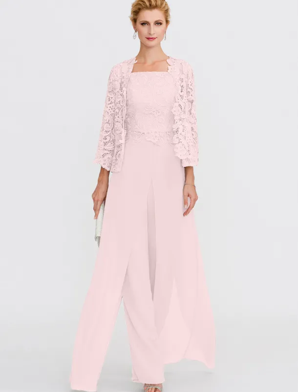 Beach Wedding Pantsuit 3 Piece Mother of the Bride Wedding Guest Elegant Plus Size Square Neck Floor Length Chiffon Corded Lace Sleeveless Wrap Included with Lace Appliques