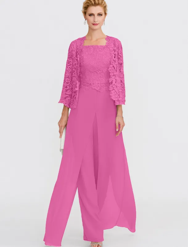 Beach Wedding Pantsuit 3 Piece Mother of the Bride Wedding Guest Elegant Plus Size Square Neck Floor Length Chiffon Corded Lace Sleeveless Wrap Included with Lace Appliques