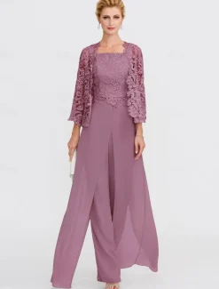 Beach Wedding Pantsuit 3 Piece Mother of the Bride Wedding Guest Elegant Plus Size Square Neck Floor Length Chiffon Corded Lace Sleeveless Wrap Included with Lace Appliques