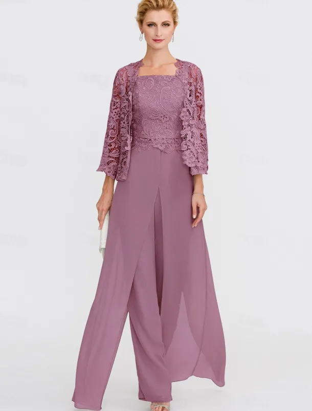 Beach Wedding Pantsuit 3 Piece Mother of the Bride Wedding Guest Elegant Plus Size Square Neck Floor Length Chiffon Corded Lace Sleeveless Wrap Included with Lace Appliques